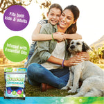 Lifestyle image of a smiling woman and child outdoors wearing Bugables citronella wristbands, with product pouch inset and feature callouts.