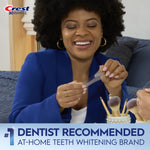 Woman smiling while peeling a whitening strip with banner claiming #1 dentist recommended at-home whitening