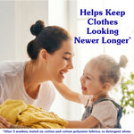 Smiling woman and young child sharing laundry moment with text ‘Helps Keep Clothes Looking Newer Longer’