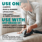 Woman using a portable upholstery tool on a couch with bold copy listing suitable surfaces and use with any brand of upright or portable cleaners.