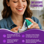 Smiling woman dispensing foam from a GuruNanda bottle into a clear dental aligner, with text callouts about eliminating odors and cleaning benefits.