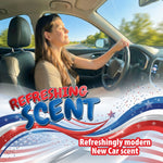 Woman driving with eyes closed enjoying the ride; patriotic wave graphics and bold text 'Refreshing Scent' promote the Little Joe new car scent.