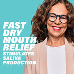 Smiling woman on teal background with bold text reading fast dry mouth relief stimulates saliva production