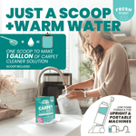 Kitchen scene showing a woman filling a carpet-cleaner tank with water and a small Uncle Todd's pouch on the counter, plus scoop-and-water infographic.