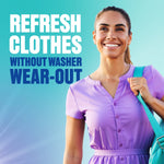 Smiling woman holding clothing with headline text promoting refreshed clothes without washer wear-out