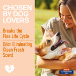 Woman holding a corgi with text panel stating benefits like “Breaks the Flea Life Cycle” and Hartz UltraGuard logo