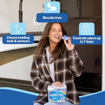 Woman smiling and holding a blue Fresh-Pak pod above a WALEX Fresh-Pak tub with icons noting biocide-free and odor control