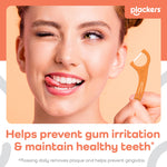 Lifestyle image of a smiling woman holding an orange Plackers floss pick next to text about preventing gum irritation