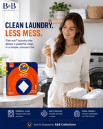 Lifestyle image of a woman holding a Tide evo tile beside a box on a laundry room counter with folded towels nearby.