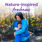 Outdoor lifestyle image of a woman hugging a child with overlay text reading 'Nature-inspired freshness'