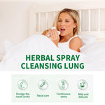 woman in bed using a nasal spray with text reading herbal spray cleansing lung and nasal care icons below