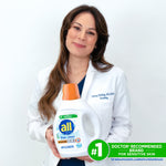 Woman in a lab coat holding an all® free clear detergent bottle with a doctor-recommended badge overlay