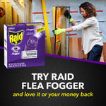 Woman handling glass in a workshop scene with Raid Flea Fogger box and money-back callout in the foreground