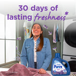Woman in laundry room enjoying fragrance with Purex Fresh Lavender Fields bottle and text claiming 30 days of lasting freshness