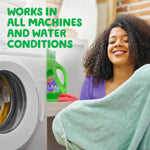 Smiling woman holding a towel near a front-load washer with a blurred Gain RELAX jug on a shelf and text about machine compatibility