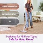 Lifestyle image of a woman mopping a living room floor with a Rejuvenate mop and text listing sealed hardwood, laminate & vinyl, and tile
