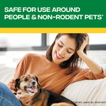 Lifestyle image of a smiling woman on a couch petting a dog under a banner reading safe for use around people & non-rodent pets