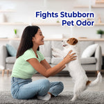 Woman kneeling on a rug playing with a small white and brown dog beneath text about fighting stubborn pet odor