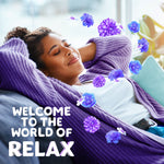 Relax-themed lifestyle image of a woman reclining on a couch surrounded by floating purple flowers and 'Welcome to the world of RELAX' text.