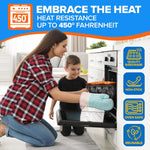 Lifestyle image of woman removing an Emporio fluted cake pan from an oven while a child watches, with heat-resistance text banner