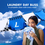 Woman smelling fresh laundry with clothes on a line and a Lysol-branded headline about laundry day bliss