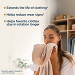 Woman holding and smelling a soft folded towel with bulleted text about extending clothing life and reducing wear signs.