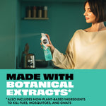 Woman spraying a STEM aerosol can in a kitchen scene with text overlay noting product is made with botanical extracts
