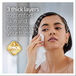 Woman dabbing her face with a Kleenex tissue next to a '3 thick layers' emblem promoting softness and protection