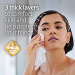 Close-up of a woman wiping her face with a tissue alongside text '3 thick layers to comfort skin'