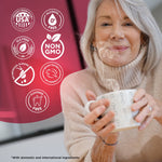 Older woman holding a mug with overlay certification icons including 'USA made', 'non GMO', 'alcohol free' and 'fluoride free' badges.