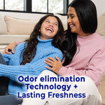 Smiling woman and girl sitting together on the floor with text about odor elimination technology and lasting freshness