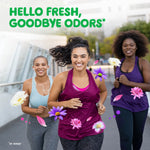 Three women jogging outdoors with floating flowers and text promoting fresh odor removal