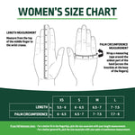 Women's size chart graphic showing hand length and palm circumference measurements for glove sizing