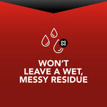 Red feature graphic with droplet icons and text 'Won't leave a wet, messy residue' promoting product performance