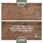 Before and after wood floor panels illustrating filled micro-scratches and protective finish with explanatory text