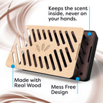 Exploded view of wood-front car air freshener showing inner casing with labels pointing to features like mess-free design