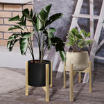 Two wooden plant stands holding different pots placed in a styled room with ladder and brick accent backdrop