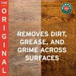 Side-by-side wood surface comparison with bold text: removes dirt, grease, and grime across surfaces