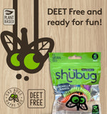 Graphic wood-textured panel reading 'DEET Free and ready for fun!' with a small Shubug pouch and plant-based icon.