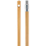 Two vertical sections of a wooden broom handle showing hanging hole on one piece and threaded zinc screw end on the other