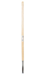 Full-length straight wooden tool handle with a metal ferrule at one end and a product label mid-shaft