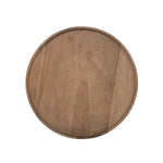Flat top-down view of a round wooden tray-style plant stand showing wood grain and raised edge