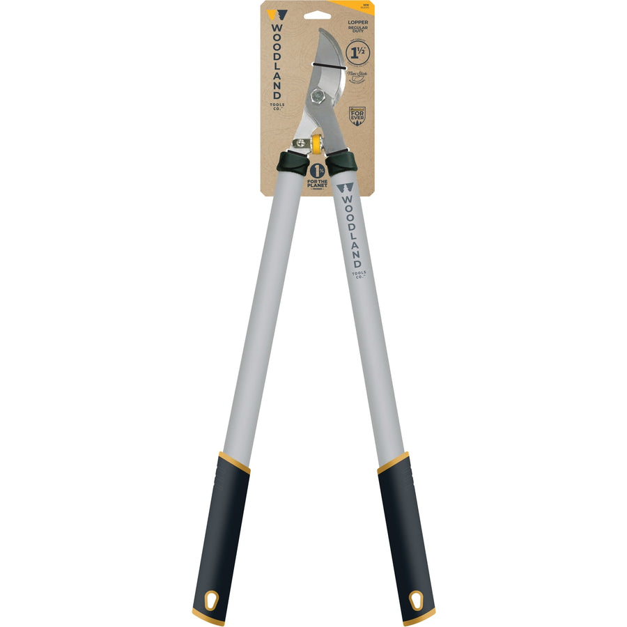 Woodland branded bypass lopper on retail hang card, long gray handles with black grips and visible blade