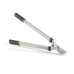 Angled product shot of Woodland lopper lying on white surface highlighting blades, pivot and gray handles with black grips
