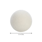 Single white wool dryer ball on a white background with a 3 in. diameter measurement graphic