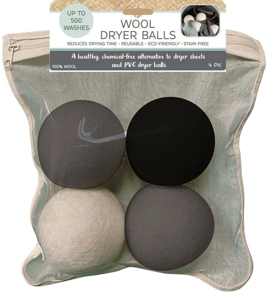 Four wool dryer balls in neutral tones inside a zippered mesh pouch with a header card reading 'Wool Dryer Balls'