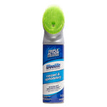 Woolite carpet & upholstery spray can with built-in green brush head on a white background