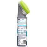 Rear view of a Woolite carpet & upholstery foam cleaner can showing product instructions and a green brush head against white background