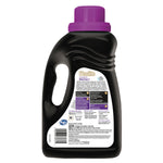 Rear view of a black Woolite Darks Protect detergent bottle showing the product information label and barcode