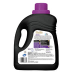 Rear view of a black Woolite Darks Protect detergent bottle showing product information label and barcode